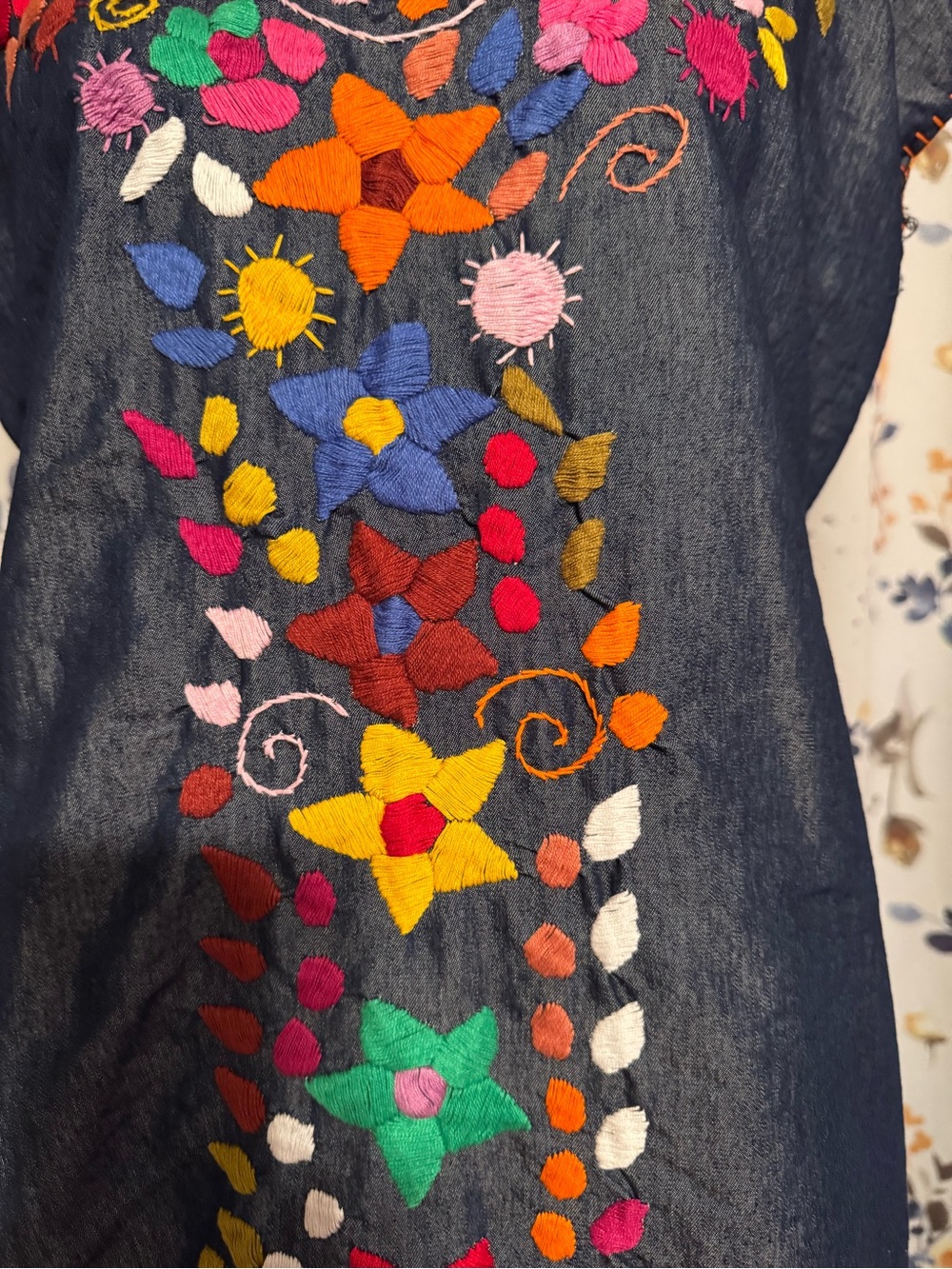 Embroidered Floral Mexican Tunic Dress - with Multicolor Floral Embroidery - Picture 3 of 10